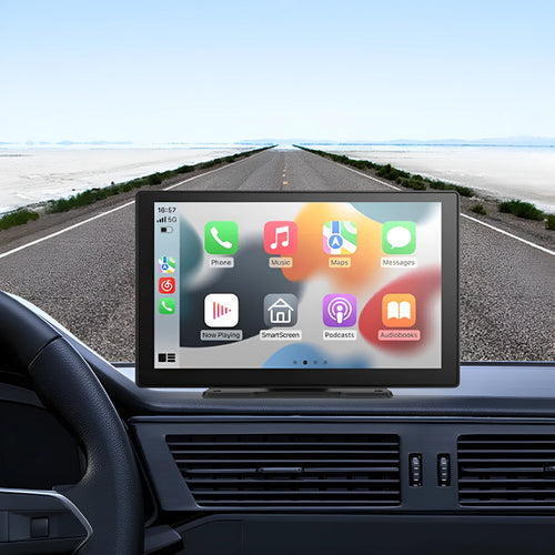 9-inch CarPlay driving recorder with dual cameras for front and rear recording installed in vehicle centre console