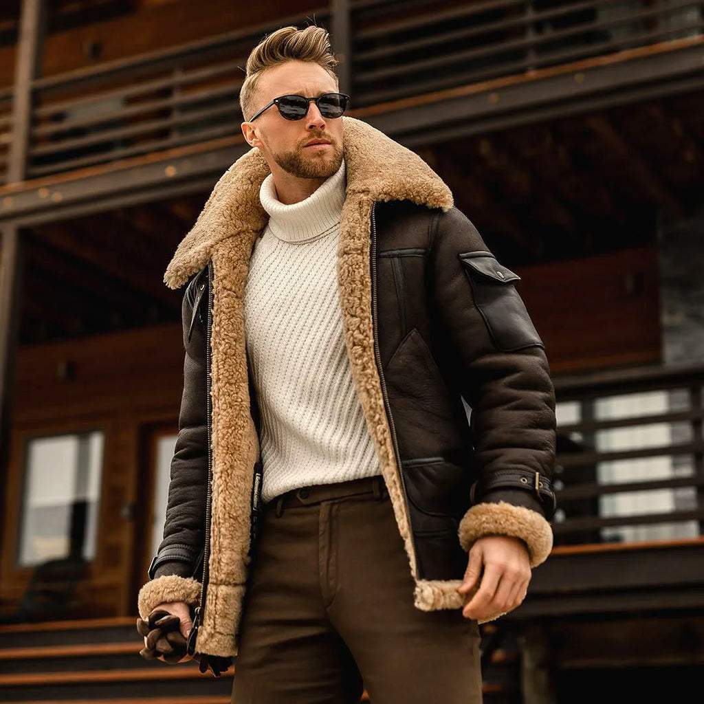 Men's military fleece winter jacket with fur collar, multiple pockets, in black colour