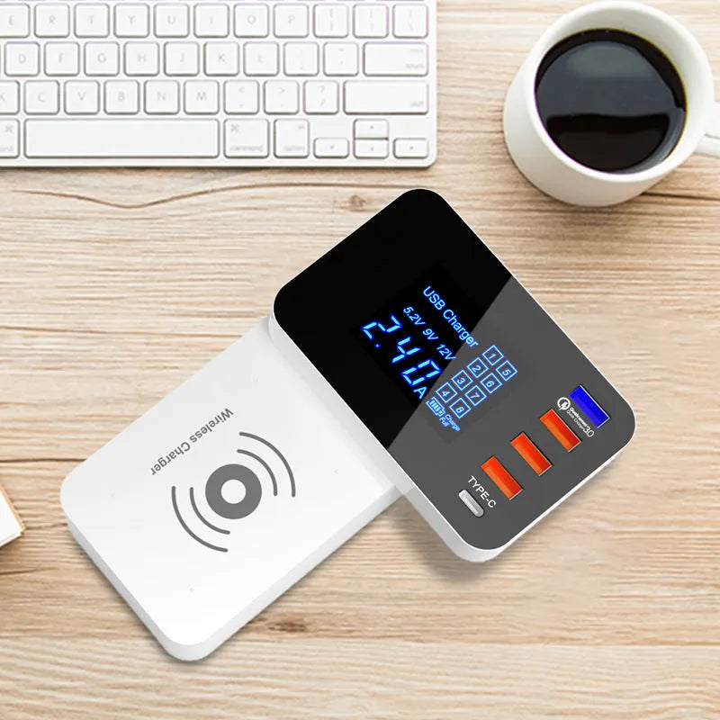 White multi-port USB fast charger with four USB-A ports, 1.5m cable, and international plug adapters.