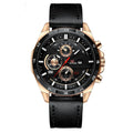 Men's casual watch with brown leather strap, white dial, rose gold case, and day-date window.