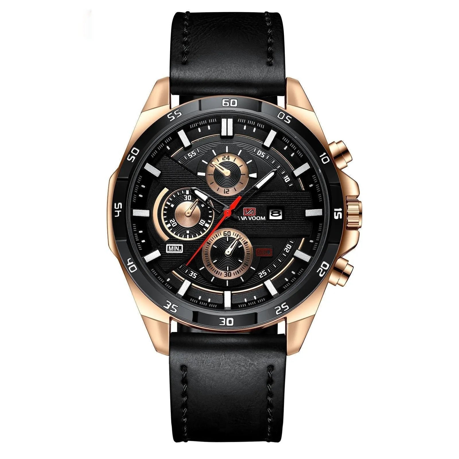 Men's casual watch with brown leather strap, white dial, rose gold case, and day-date window.