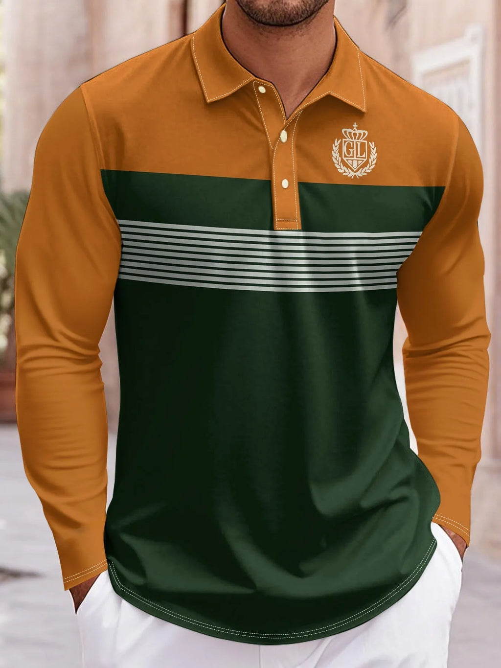 Leisure Sports long sleeve striped button polo shirt in slim fit colour MB14SQ250924Y598 for spring autumn casual wear