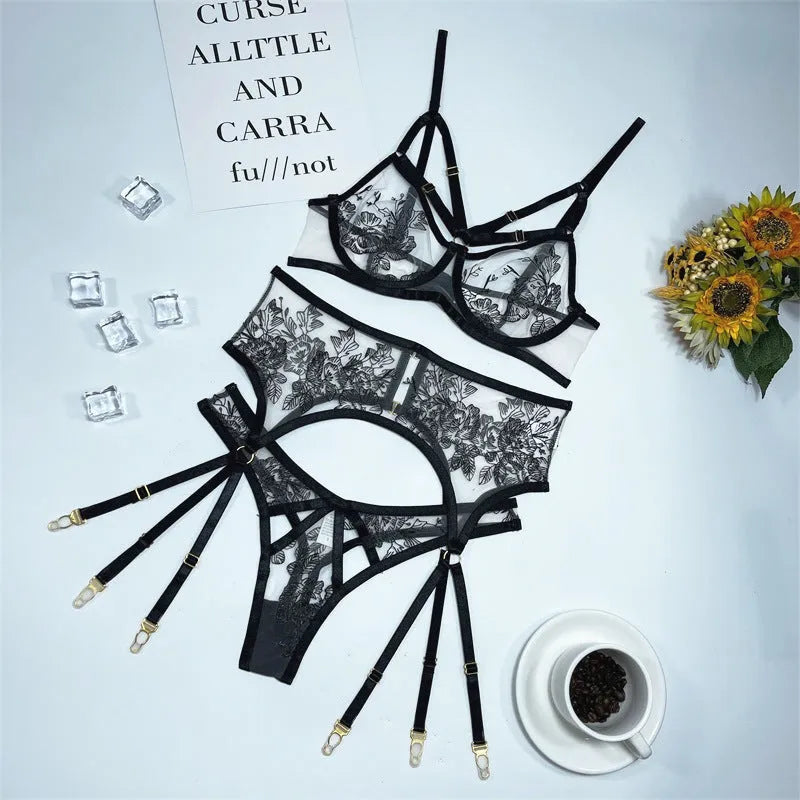 Black lace mesh three-piece women's set with floral print top, matching trousers and waist ring