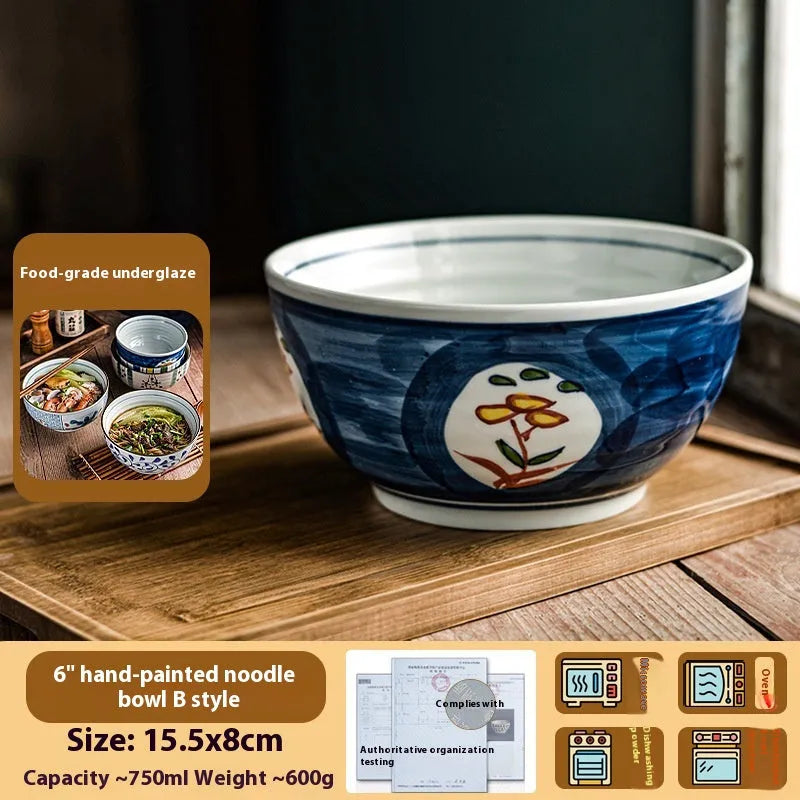 Ceramic hand-painted underglaze colour noodle bowl round 6 inch Japanese style retro soup bowl