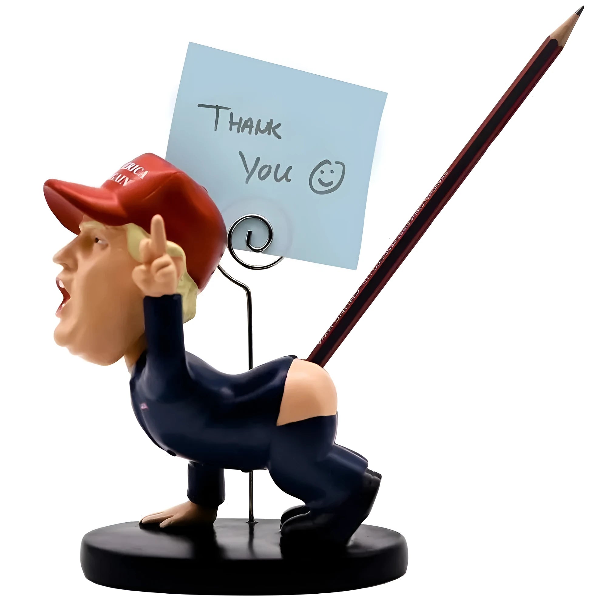 Blue resin pen holder with shaking head doll design, holding pens and business cards on a desk