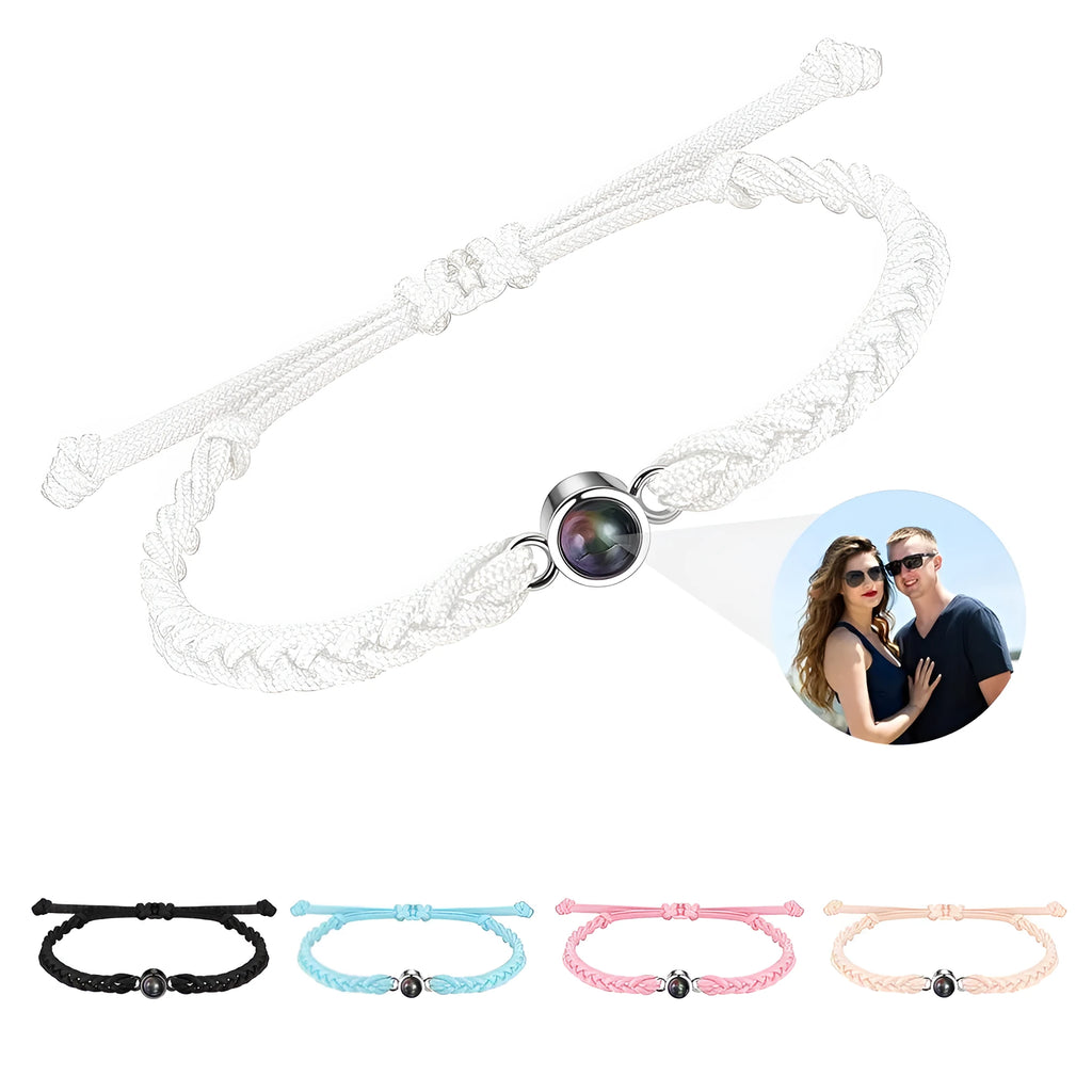 Personalised photo projection bracelet with green leaf fine band and diamond accents, round copper case, available in multiple colours.