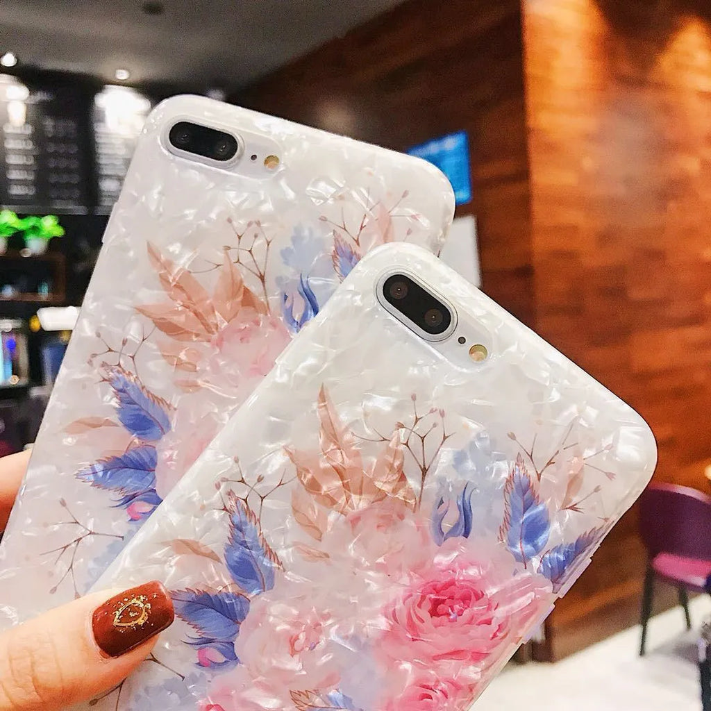 Dream Shell soft TPU iPhone case with rose flower pattern in brown, purple, or white.
