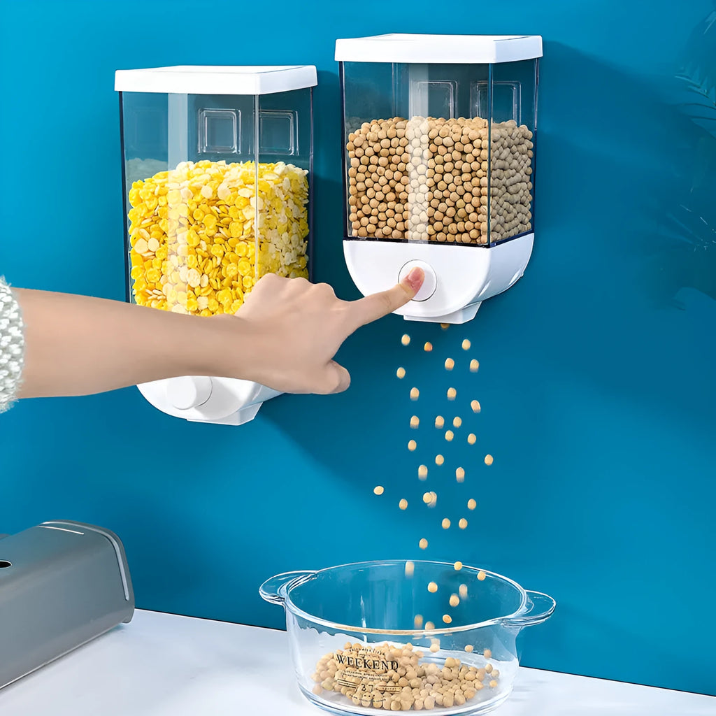 White wall-mounted transparent kitchen food storage container with easy-press cereal dispenser lid.