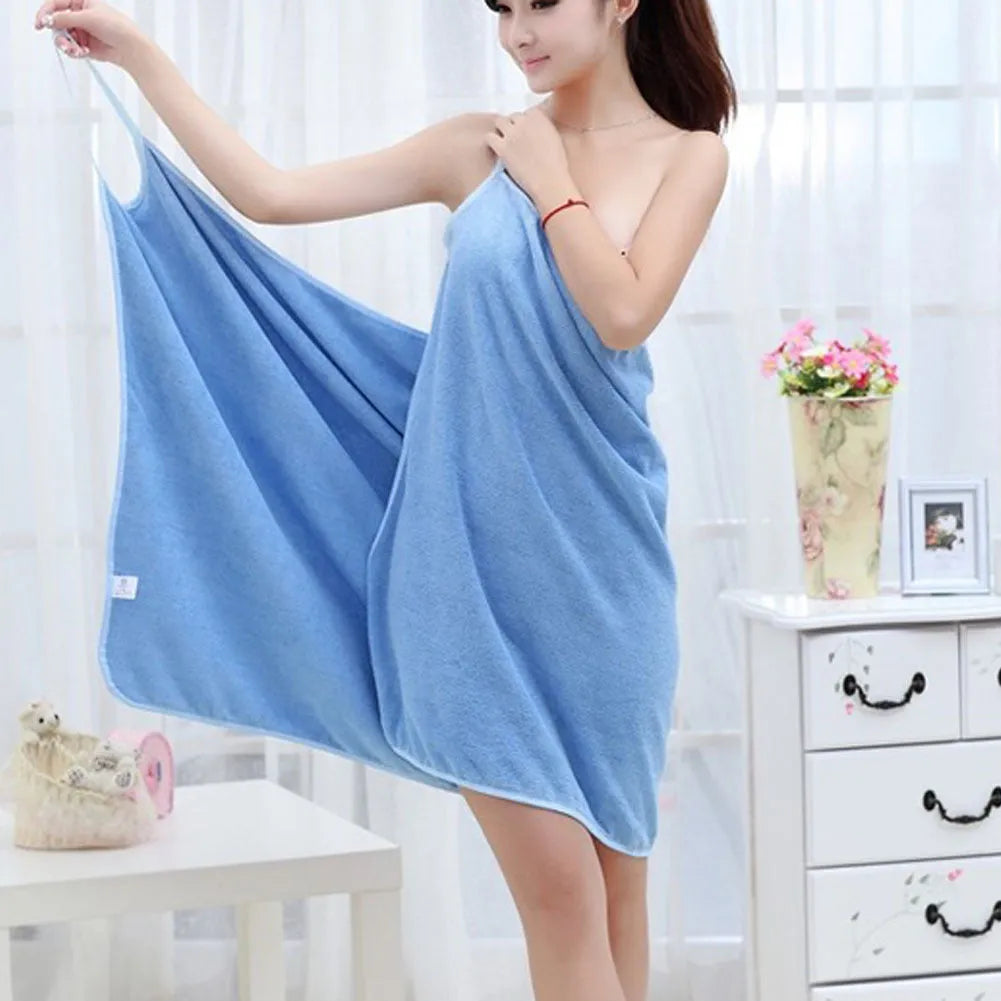 Pink and blue beach towels shown in S and L sizes as a bath dress towel and cover-up