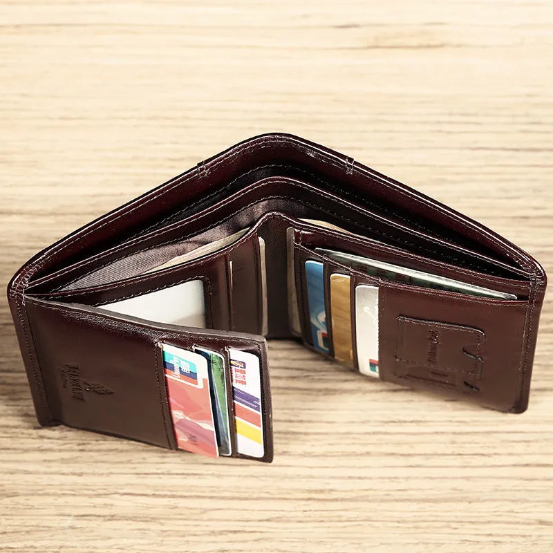 Men's black leather bifold wallet open, showing eight card slots, bill compartment, and a zip coin pocket