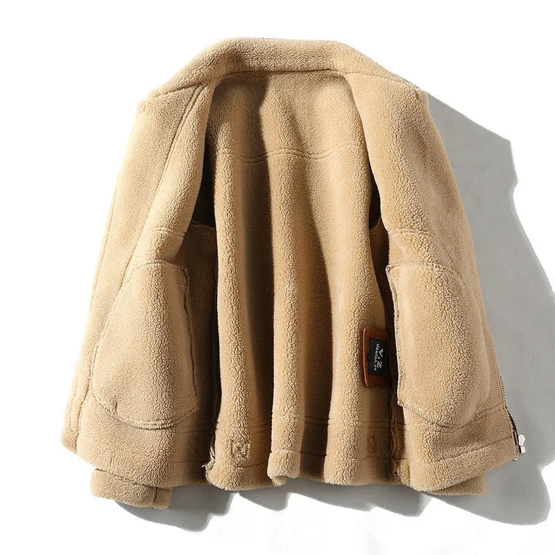 Fleece-lined plus size leather coat with faux fur trim in camel colour, front view