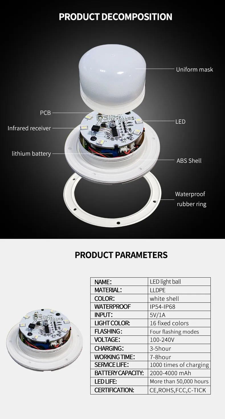 Remote-controlled LED ball lamp floating in a pool, showing multicolour light with IP67 waterproof rating.