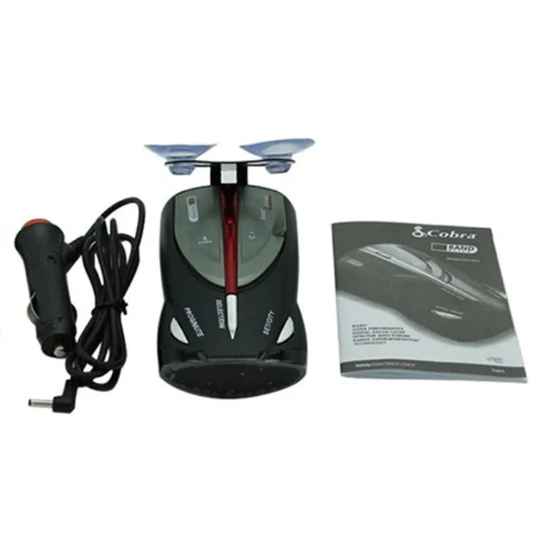 XRS9880 bilingual English Russian radar detector with 12V car charger and suction cup bracket