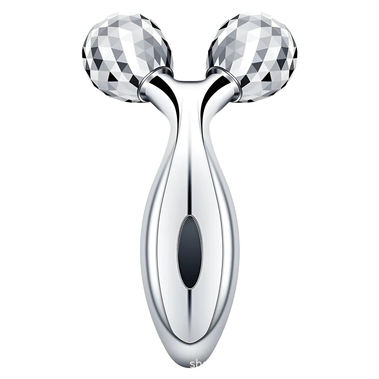 Silver body roller with ABS resin handle and stainless steel roller on white background, 135g manual massager