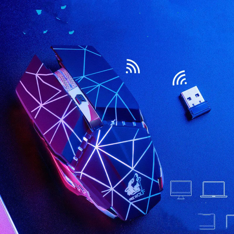 Black rechargeable wireless gaming mouse with six buttons on a desk.