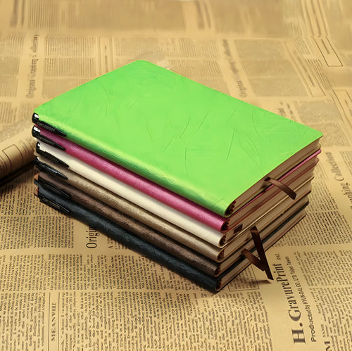 A6 PU leather notebook with pen slot, 100 forest paper pages, black cover, pen design notepad