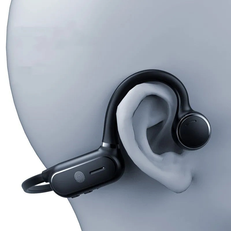 Black open-ear air conduction Bluetooth wireless earphones with a curved titanium alloy frame and touch controls.