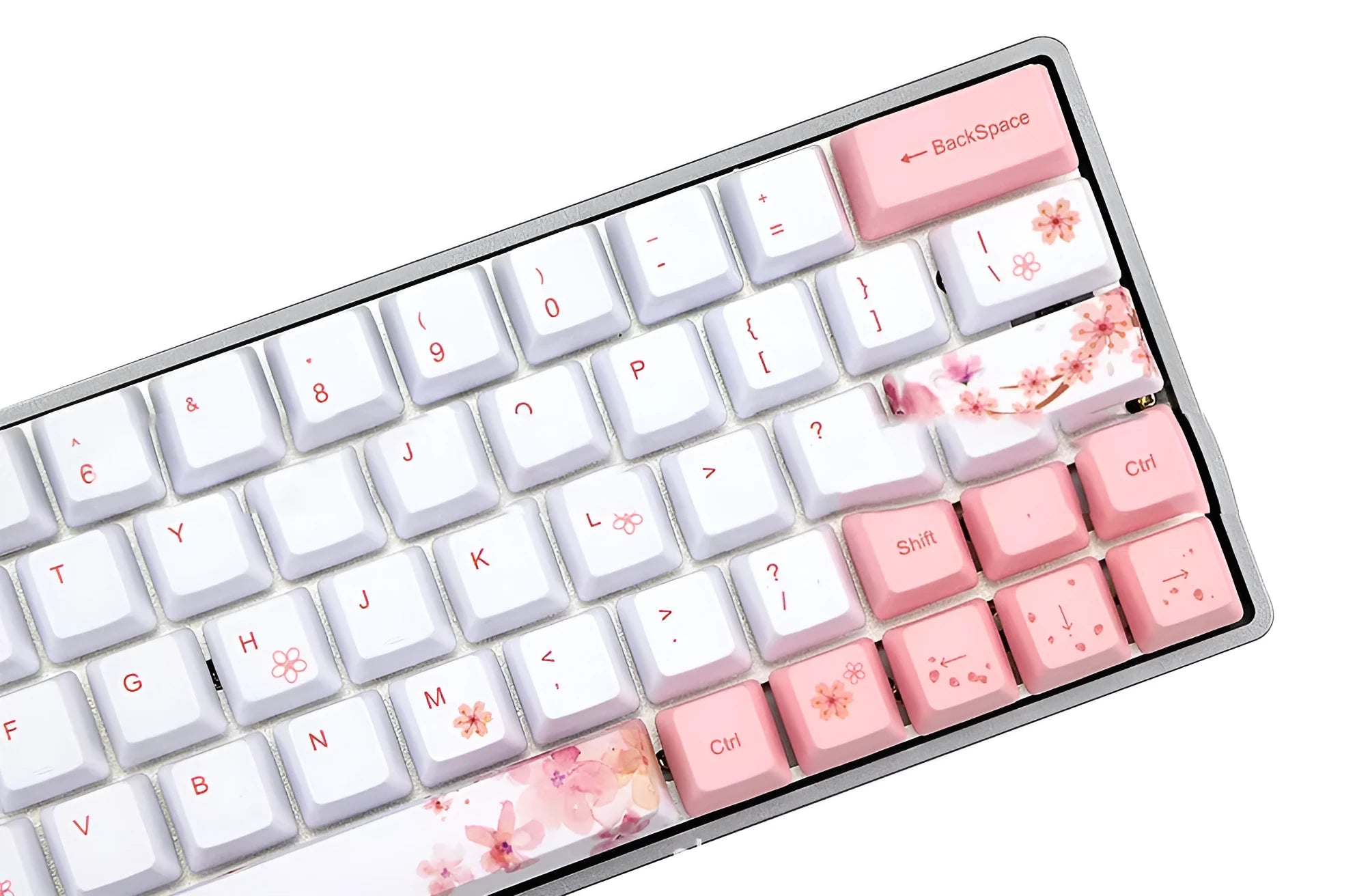 Set of pink PBT keycaps with white legends for a mechanical keyboard, shown from multiple angles.