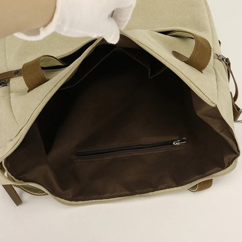 Women's retro canvas tote bag in horizontal square shape with multiple internal compartments