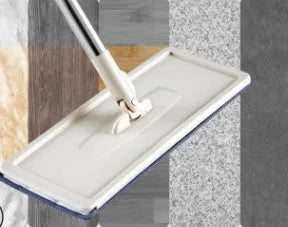 Home kitchen wooden floor lazy mop with microfiber flat head and blue bucket on a tile floor