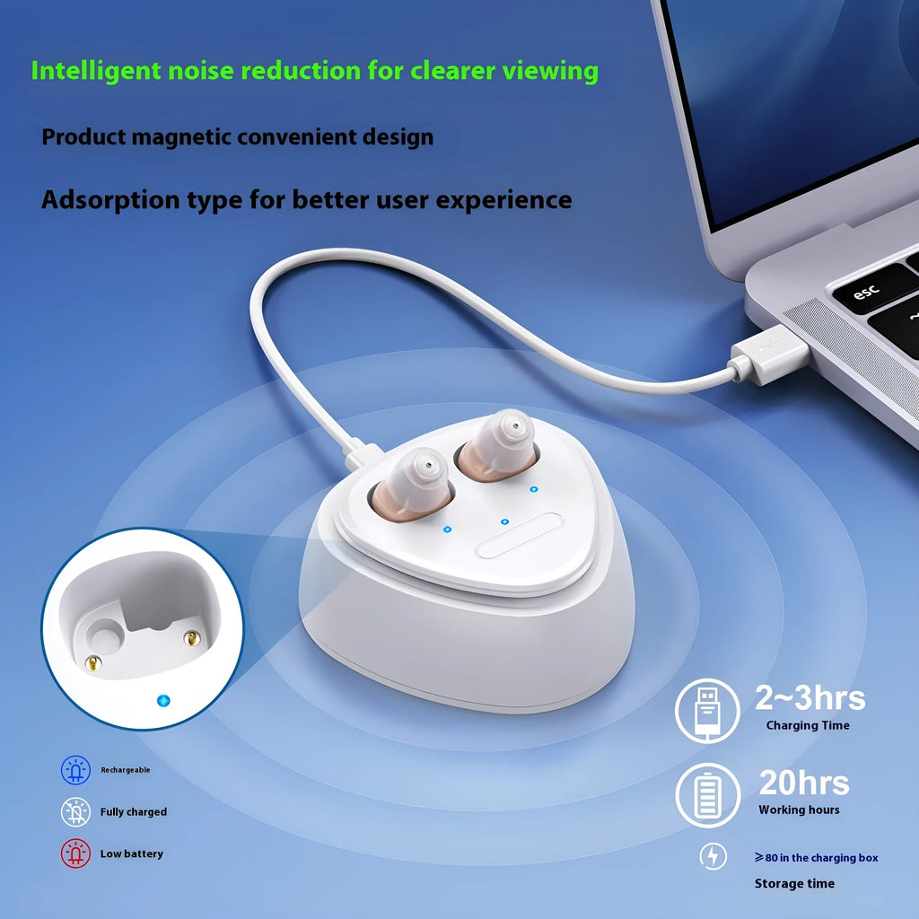 Rechargeable ultra-small in-ear hearing aid with USB charging, available in multiple colours