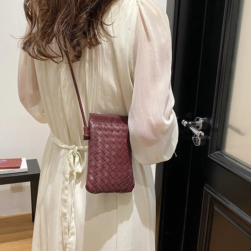 Vintage Weave pattern PU crossbody bag in square vertical shape, shown in khaki colour.