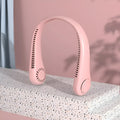 Pink USB rechargeable portable bladeless neck fan being worn.