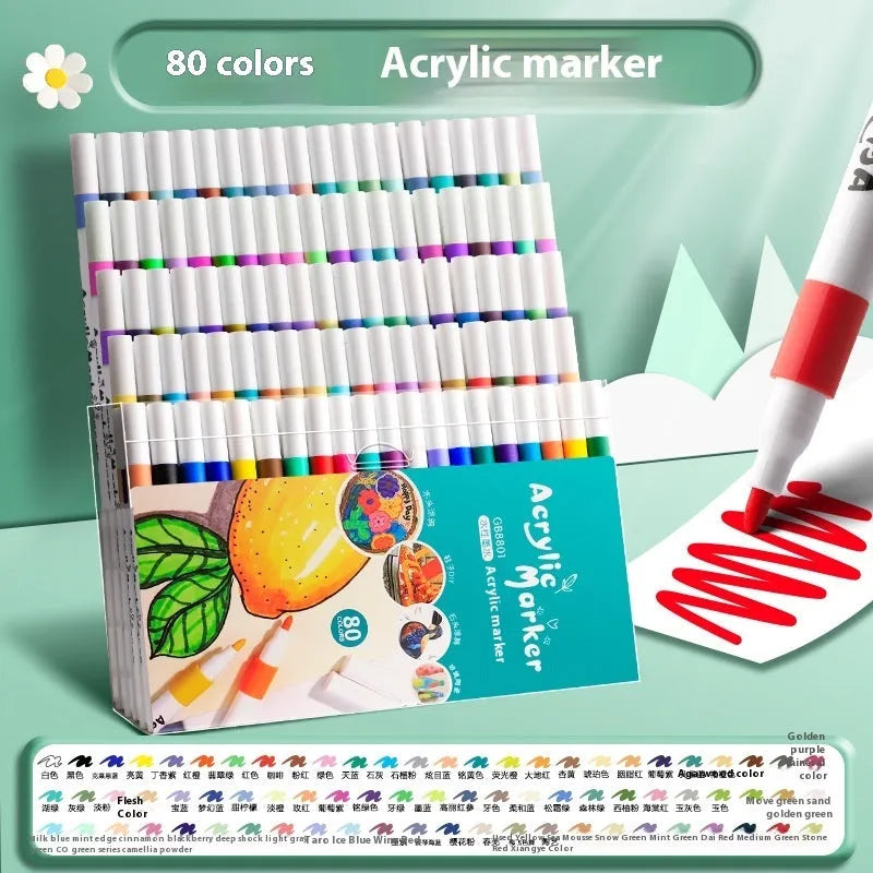 Boxed set of multicolour acrylic marker pens for student painting projects with plastic barrels