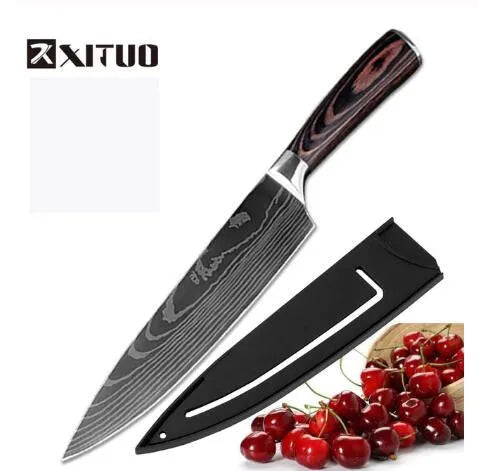 Carpenter's Special kitchen knife with laser Damascus pattern blade and coloured wood handle
