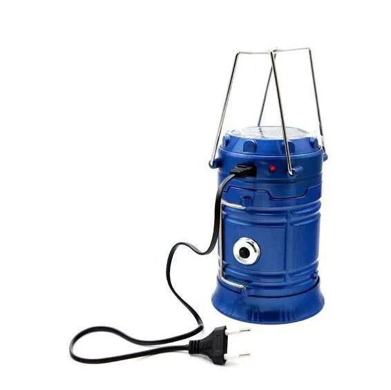 Collapsible LED solar camping lantern in Blue or Gold with reflective lenses, rubber handle and water resistant ABS body
