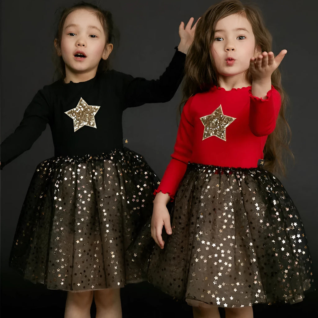 Red cotton children's Christmas dress with long princess sleeves, lace detailing, and bow accents for ages 3-8