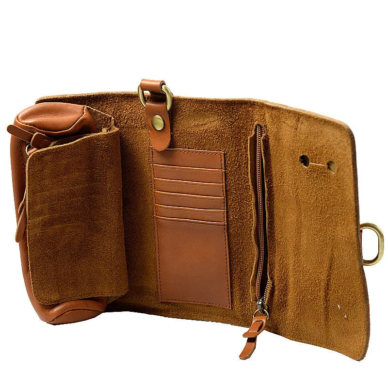 Handmade vintage style cow leather wallet with tape closure measuring 20x10x4cm