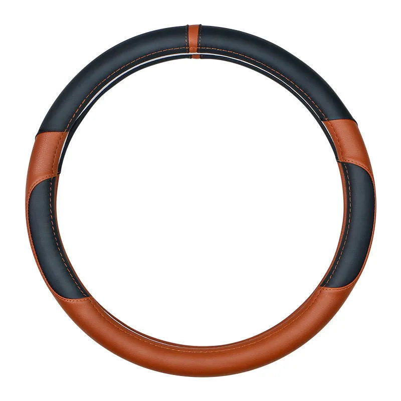 Genuine leather universal steering wheel cover in red, shown on a 38cm car steering wheel.