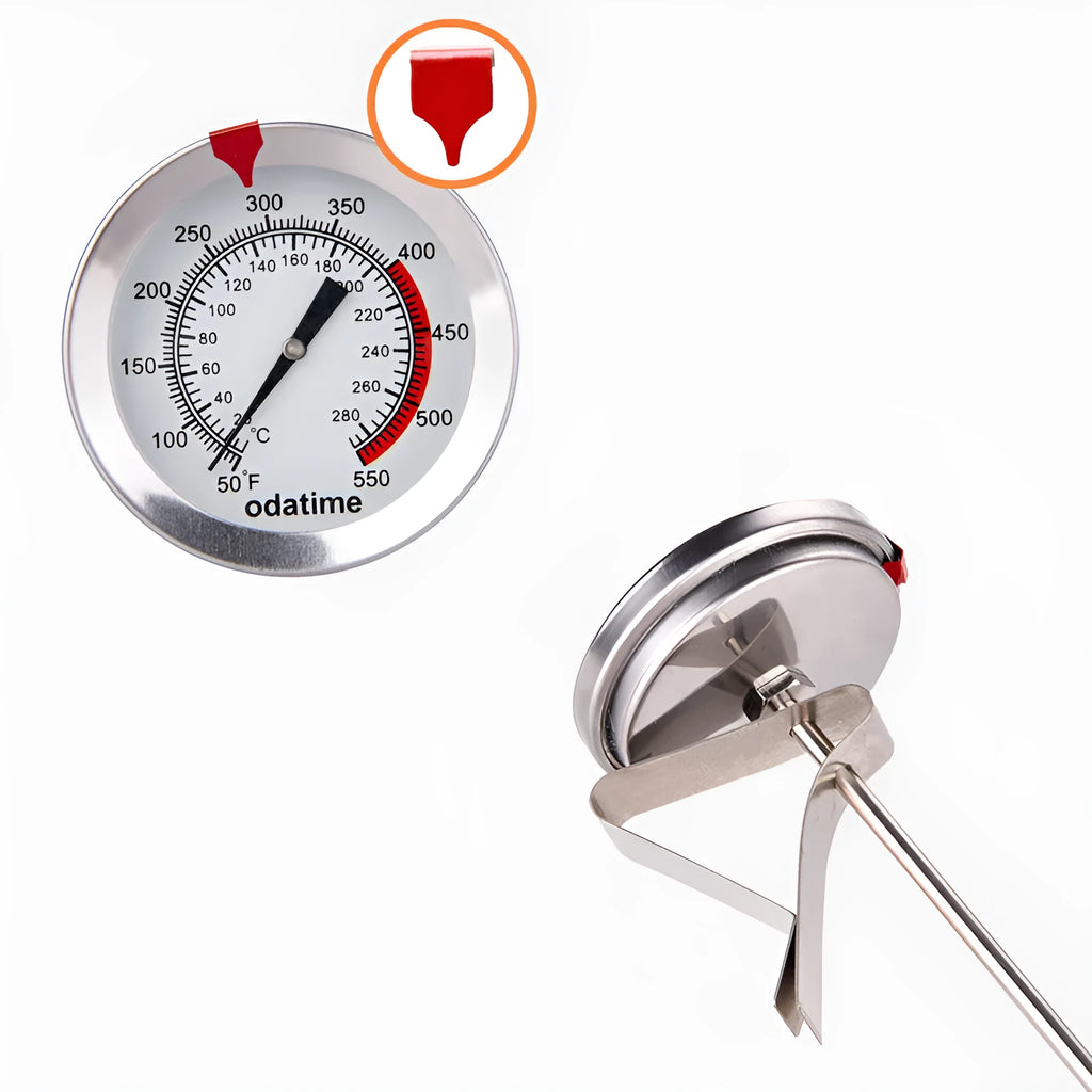 Digital food thermometer with stainless steel probe showing temperature display and hygrometer reading