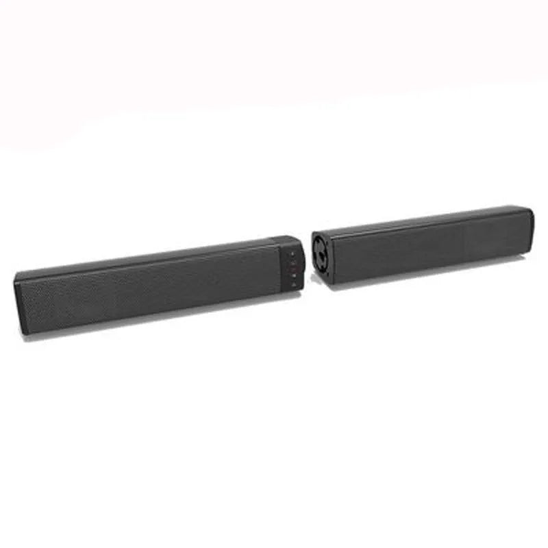 Black foldable split TV Bluetooth speaker system showing two plastic speakers with dimensions 490mm x 50mm x 50mm
