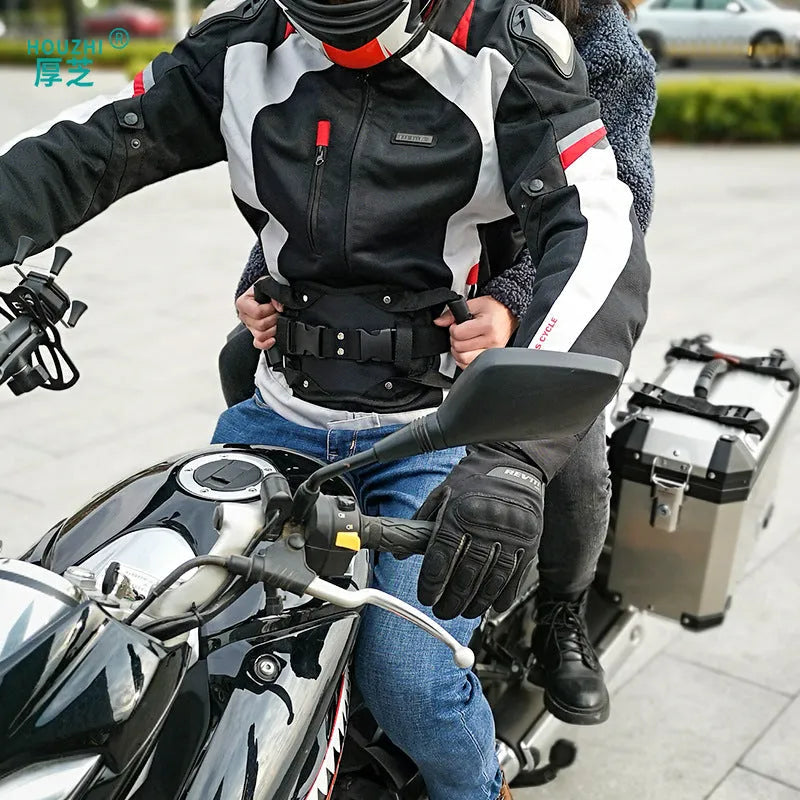 Black motorcycle back seat safety handle armrest with adjustable waistband and breathable mesh padding