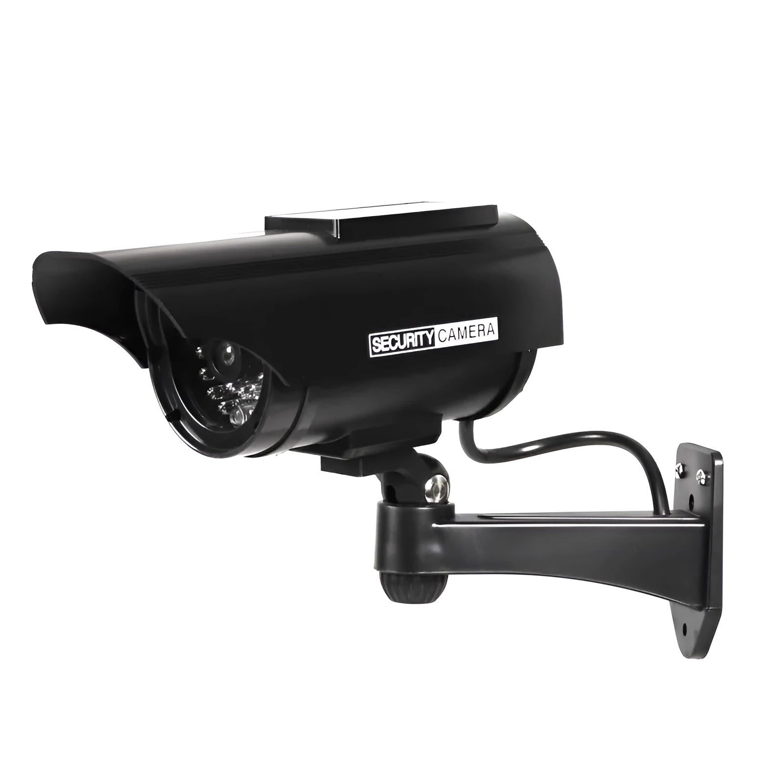 Solar powered fake security camera in black with solar panel on top and red LED light