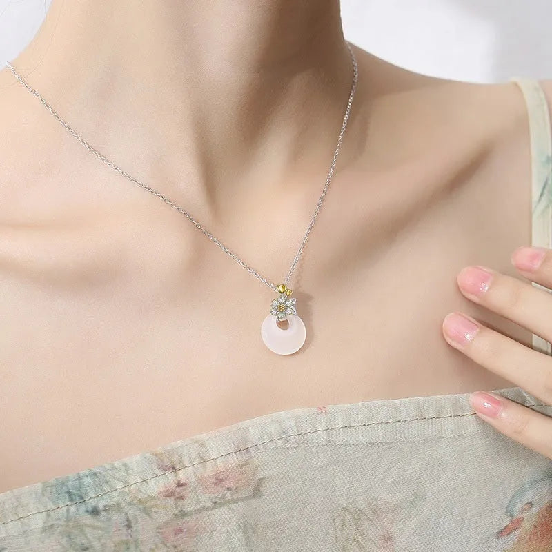 White chalcedony flower pendant necklace in S925 silver with peace buckle, shown in a choice of 12 floral styles