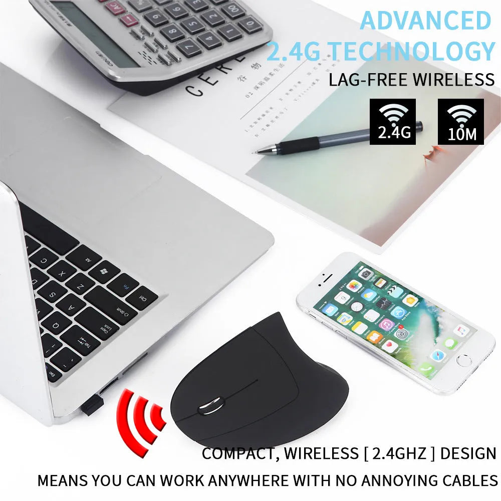 Wireless vertical left hand mouse in black with ergonomic design and thumb buttons