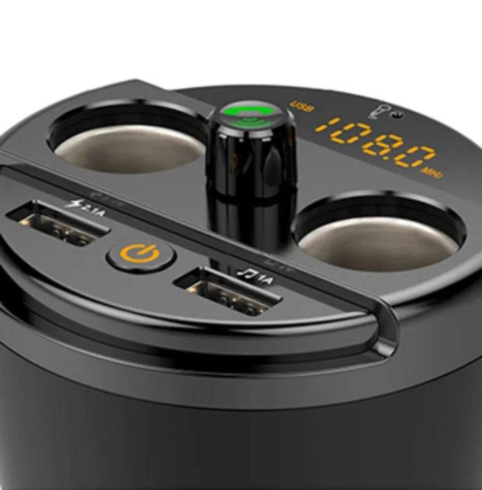 Black car cup Bluetooth MP3 player FM transmitter with dual USB ports and hands-free calling button