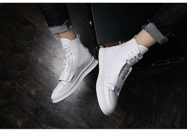 Men's black and white high-top sneaker-style ankle boots made from microfibre PU leather.