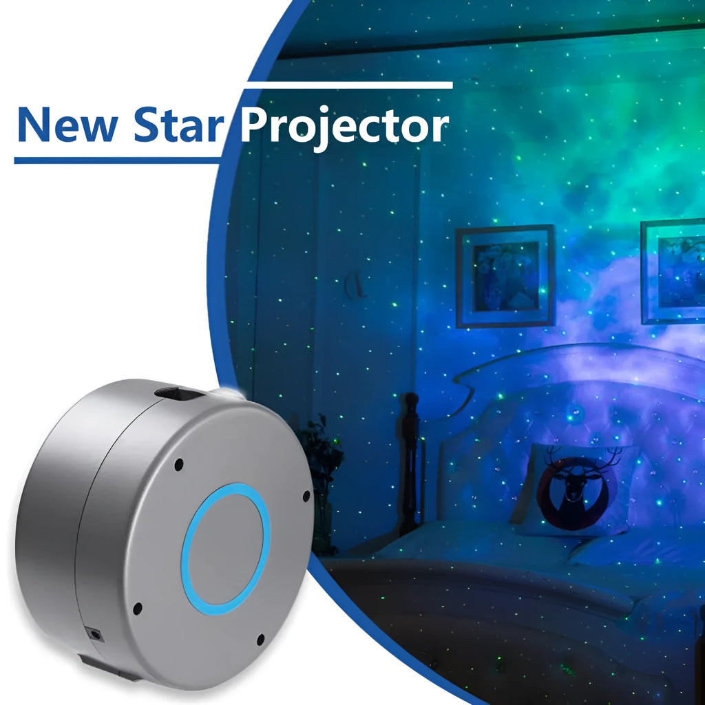 Grey starry sky projection lamp with remote control projecting coloured stars and green laser light indoors.
