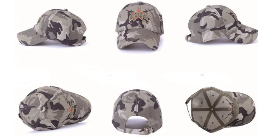 Unisex cotton camo baseball cap with adjustable strap and wide peaked brim in military style
