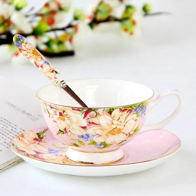 European porcelain coffee cup and saucer set with pastoral style pattern in assorted colours