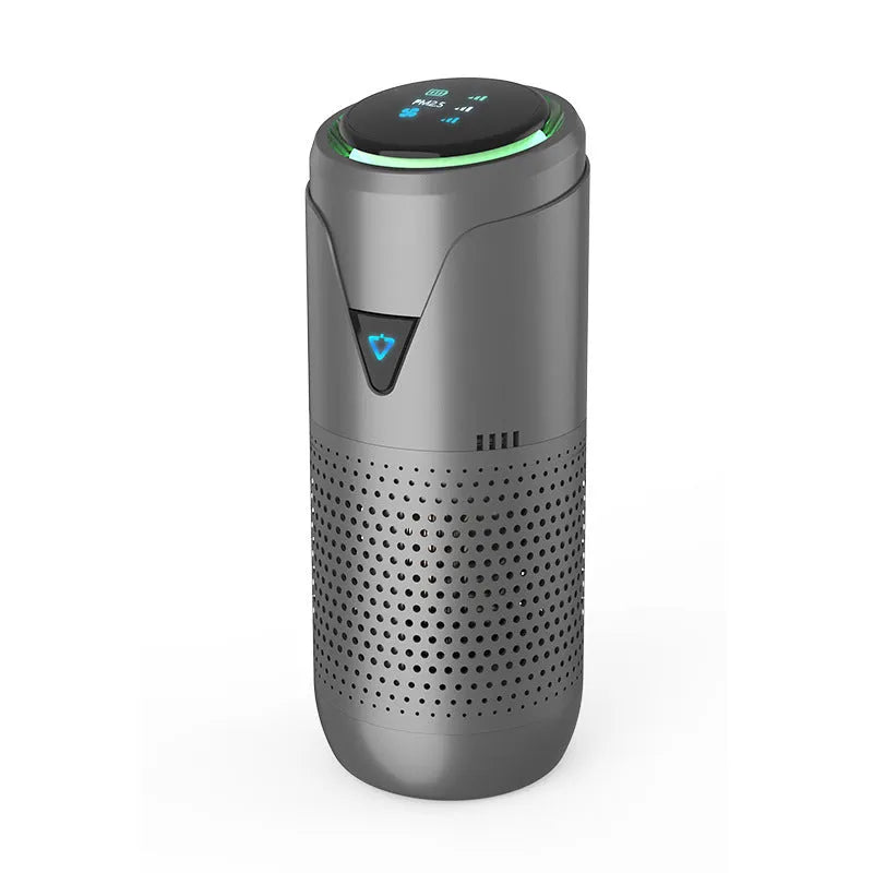 AN-SY01 car air purifier with HEPA filter, PM2.5 display, and 5200mAh battery in silver