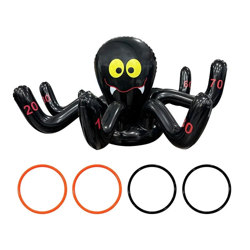 Colourful inflatable PVC ferrule throwing toys in octopus, antler, witch hat, and Santa Claus designs for Halloween games.
