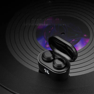 Black in-ear stereo Bluetooth headset with NFC logo, shown on a dark background.