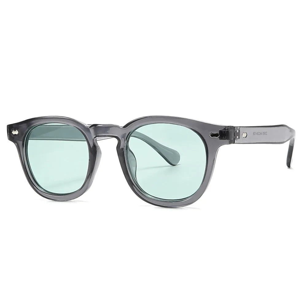 Round rim retro sunglasses with plastic frame and tinted UV400 lens, shown in bright black colour.
