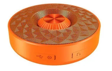 Compact black, orange, and silvery white Bluetooth wireless sound box speaker on a surface.