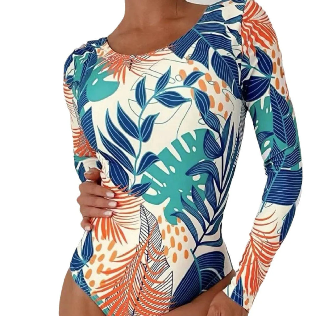 Women's floral print one-piece swimsuit with backless design in blue colour